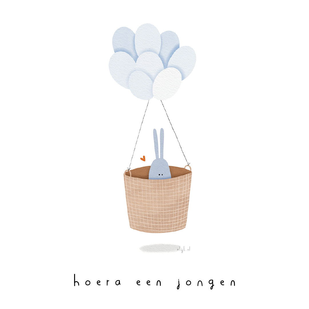 Gevouwen kaart: hoera een jongen (mandje)