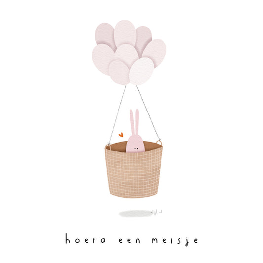 Gevouwen kaart: Hoera een meisje (mandje)