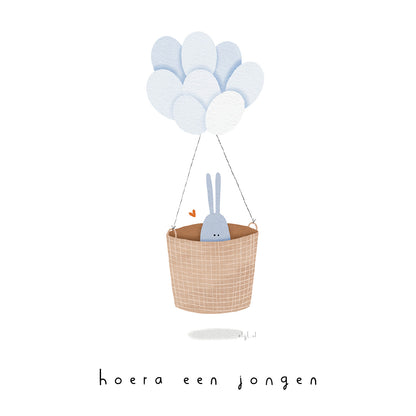 Gevouwen kaart: hoera een jongen (mandje)