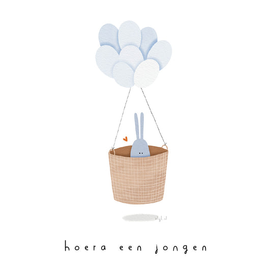 Gevouwen kaart: hoera een jongen (mandje)